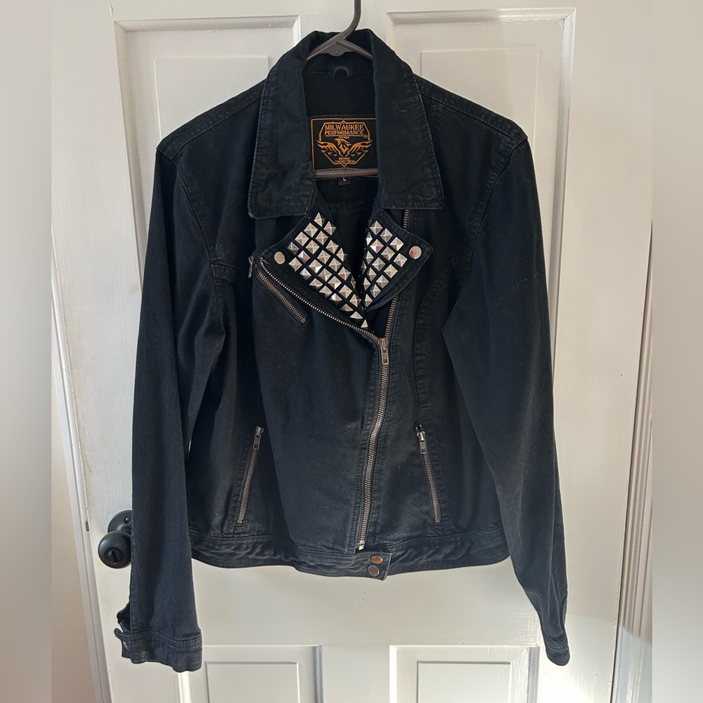 MILWAUKEE PERFORMANCE DENIM COLLECTION BLACK STUDDED MOTO JACKET SIZE LARGE